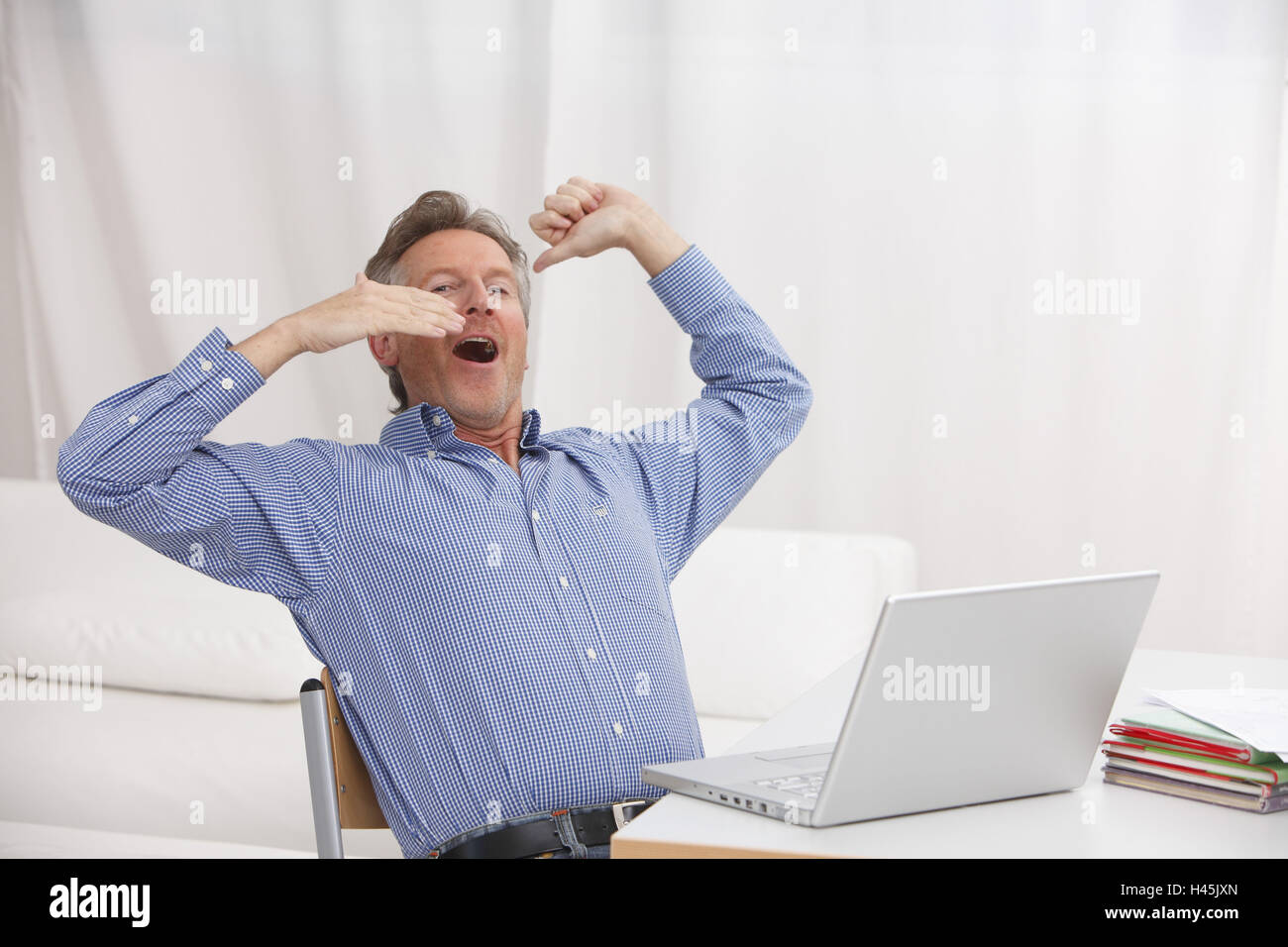 Man, 50 +, computer, work, fatigue, flat, Stock Photo