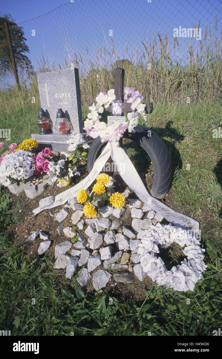 Roadside, Marterl, flowers, memorial, road casualty, offering, traffic accident, accident, accident place, cross, street, traffic, accident death, accident victim, death, victim, scene accident, scene the accident, commemorative cross, memory, recollection, afterlife, grief, Stock Photo