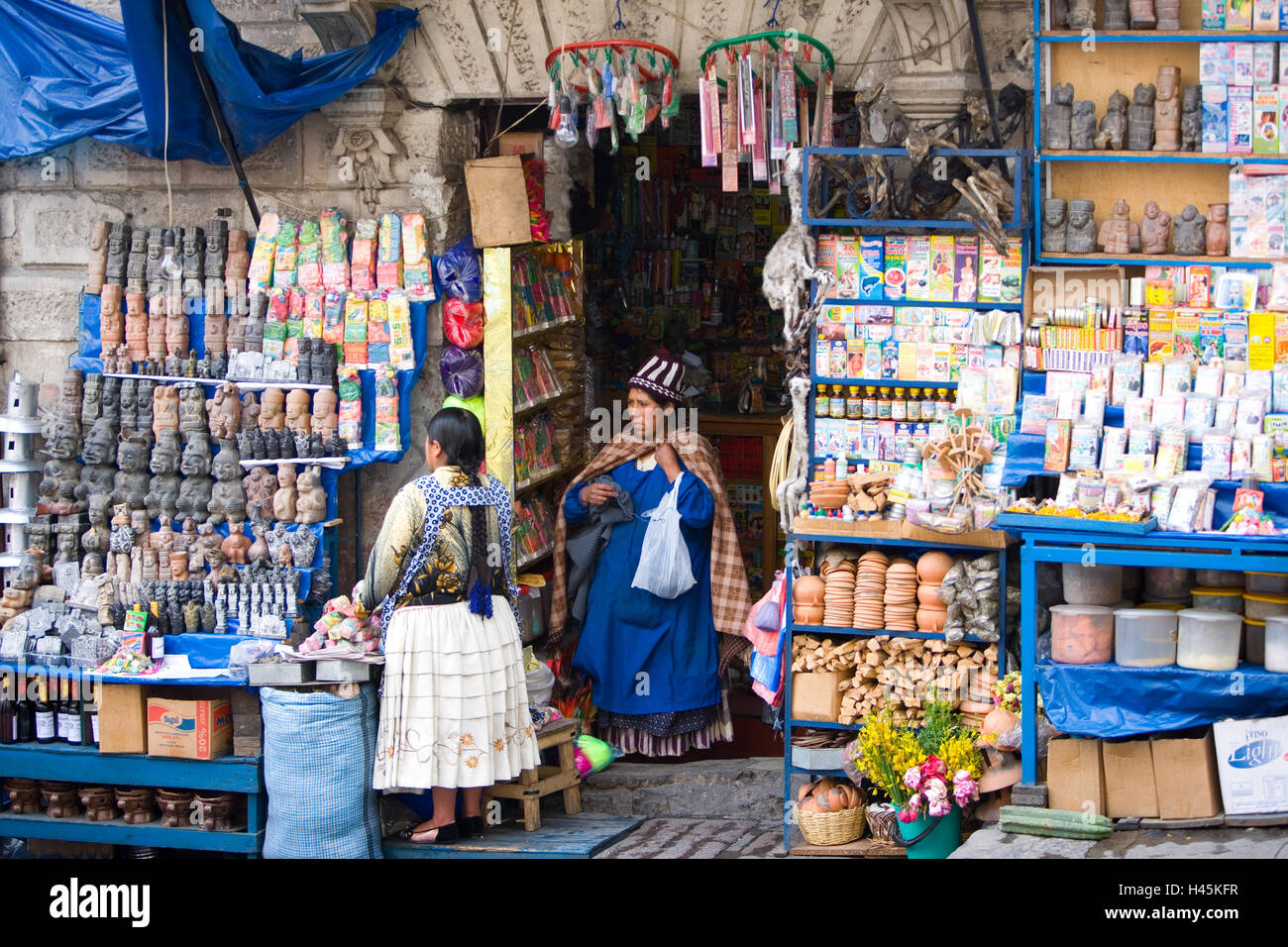Bolivia, province La Paz, La Paz souvenir shop, women, Stock Photo