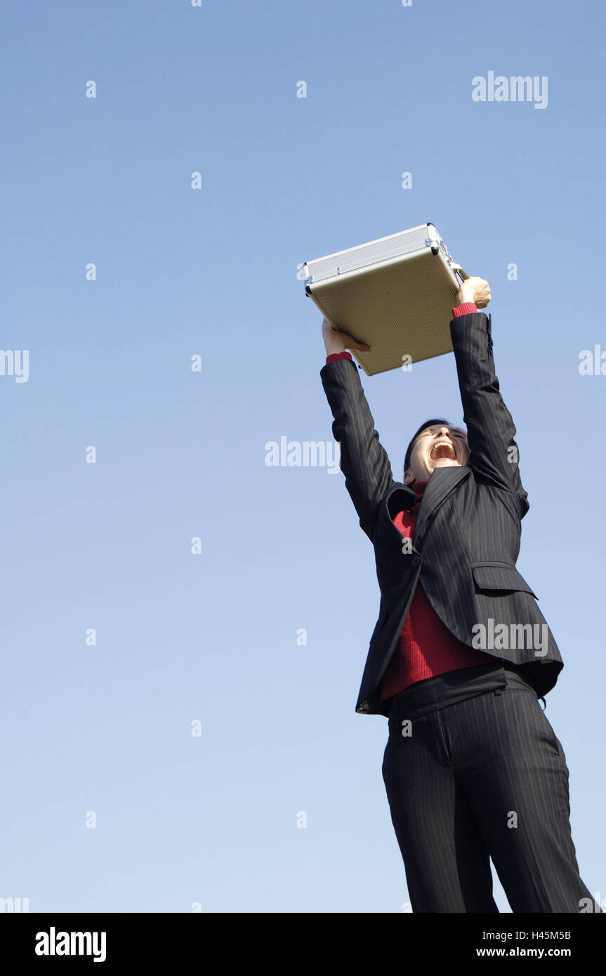 Businesswoman, cheering, briefcase, hold up, jump up, woman, business, happy, joy, rejoice, exuberance, success, successfully, heaven, light blue, copy space, Stock Photo