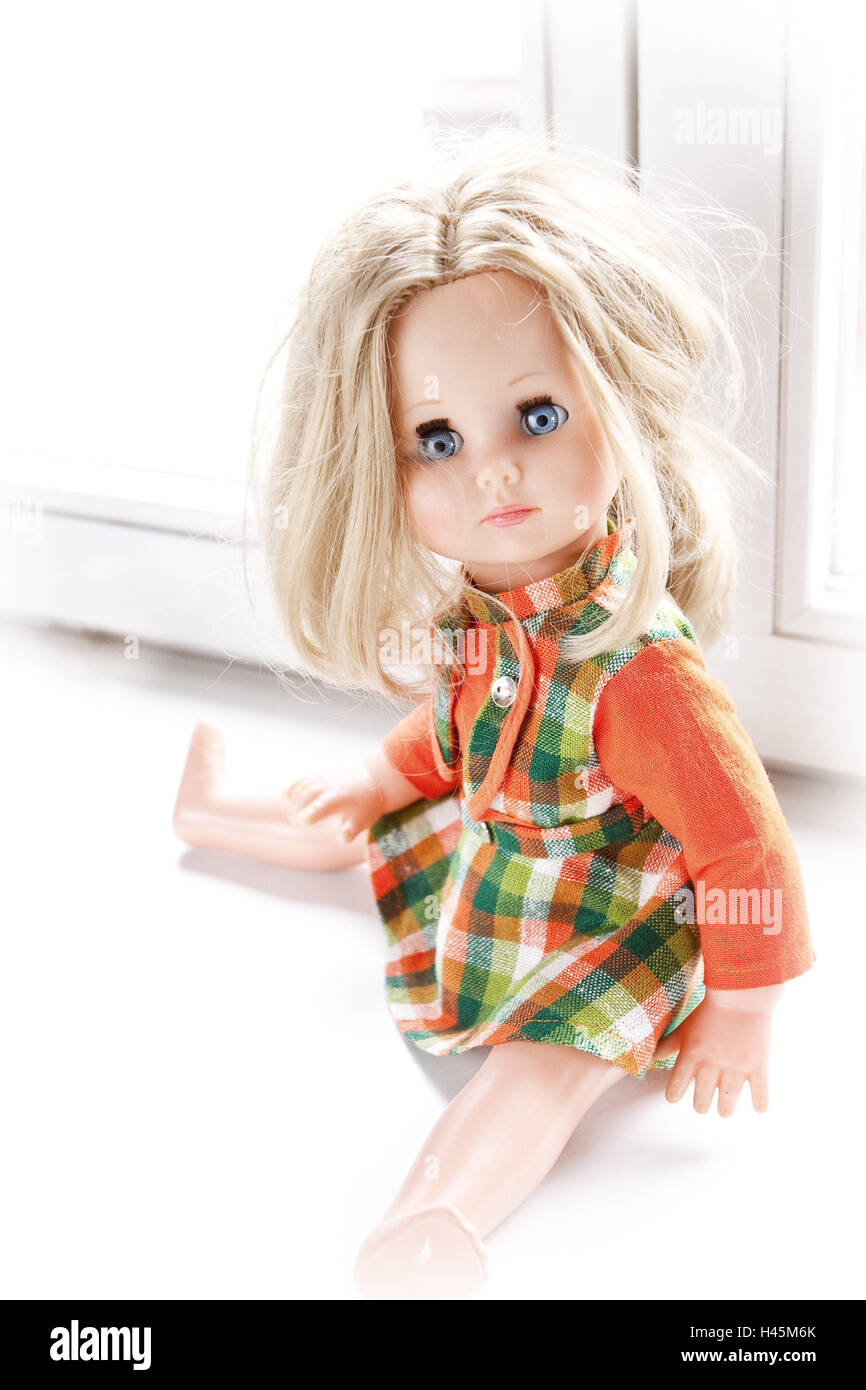 Doll, sit, view camera, toys, dress, checked, icon, childhood, eyes, blue, hairs, blond, Stock Photo