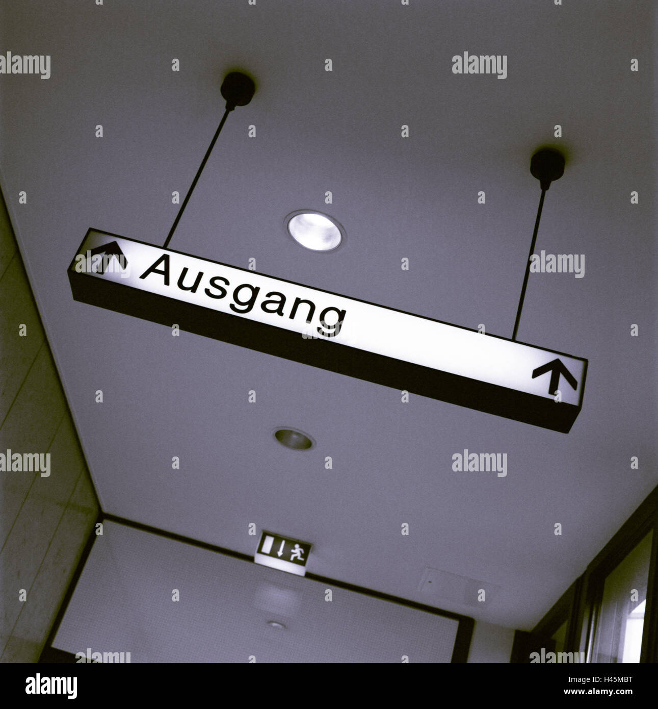 Clinic, hall, sign, exit, tip, emergency exit, hospital, hospital hall, ceilings, room caps, hang, lighting, luminous notice boards, shine, illuminateds, passage, signs, tip notice boards, orientation, signpost, direction, direction display, way out, escape route, flight, public health, deserted, nobody, mood, dreary, icon, health, disease, medicine, healing, hope, inside, Stock Photo