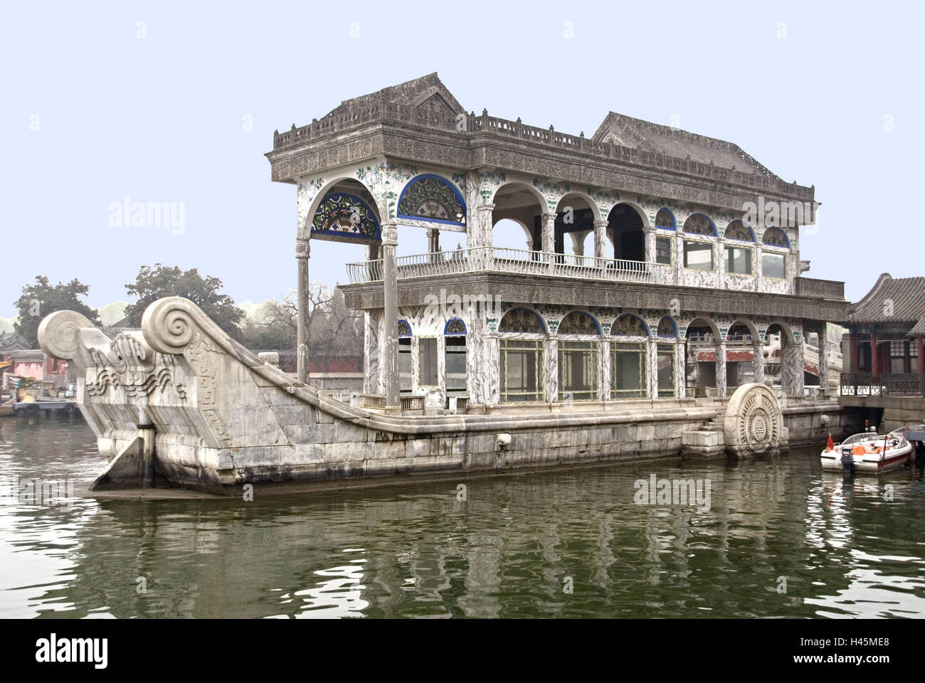 China, Peking, new summer palace, Yiheyuan, Kunming lake, marble boat, Asia, culture, art, town, capital, palace, garden palace, palace complex, waters, lake, pavilion, structure, stone boat, marble, boat, boot-shaped, place of interest, tourism, Stock Photo