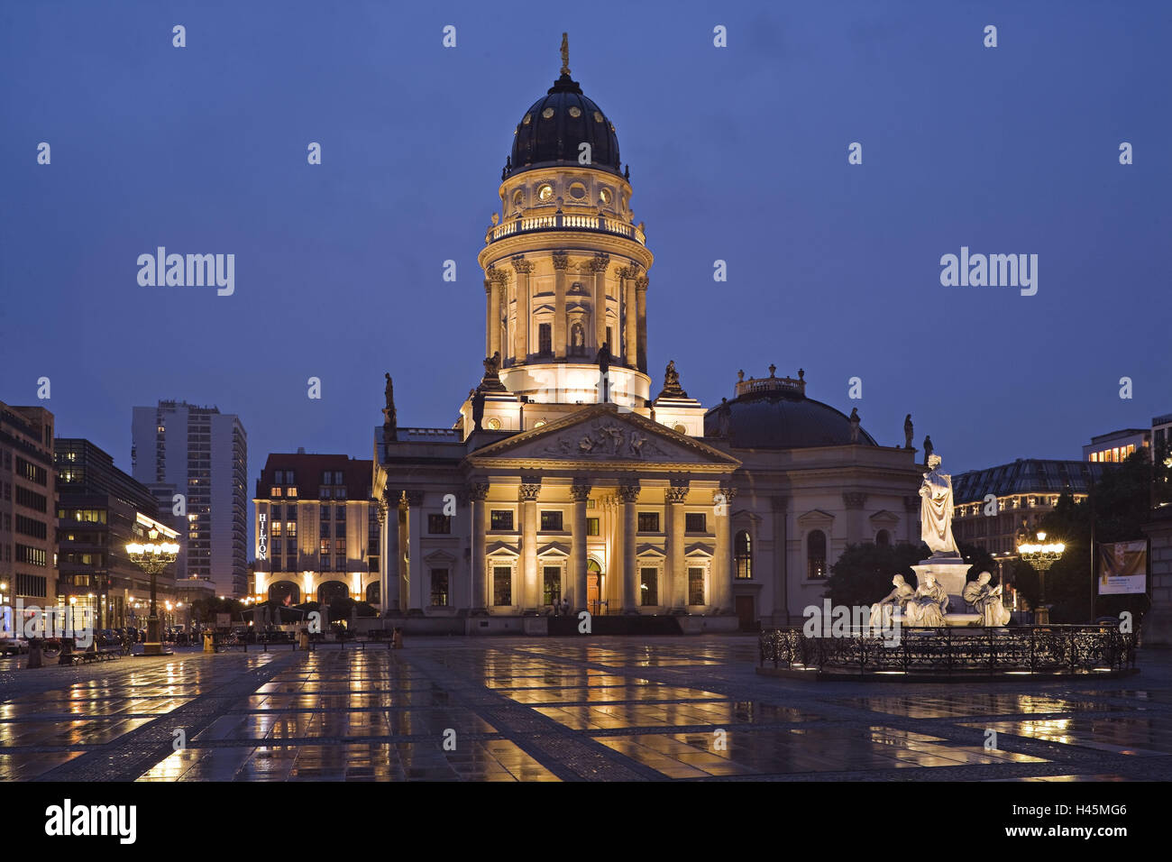Germany, Berlin, gendarme's market, German cathedral, lighting, evening, Europe, town, capital, dome tower, dome, pillars, statues, architecture, landmark, tourism, place of interest, heaven, blue, building, space, night, culture, tower, architecture, Fri Stock Photo