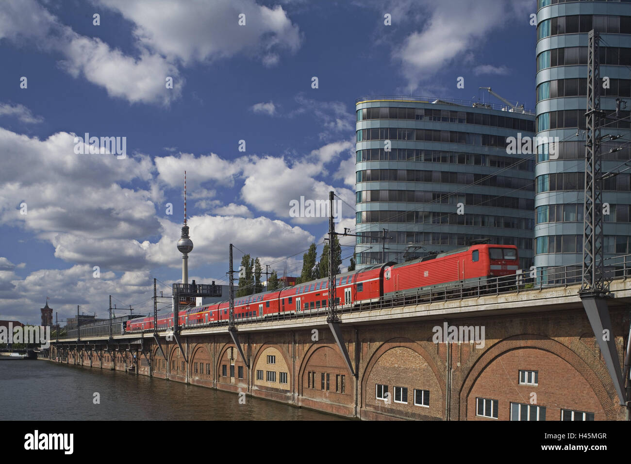 Germany, Berlin, television tower, city Tower, train, river Spree, town, capital, architecture, building, tower, traffic, high rises, houses, rail transports, railway, trajectory, heaven, clouds, Stock Photo