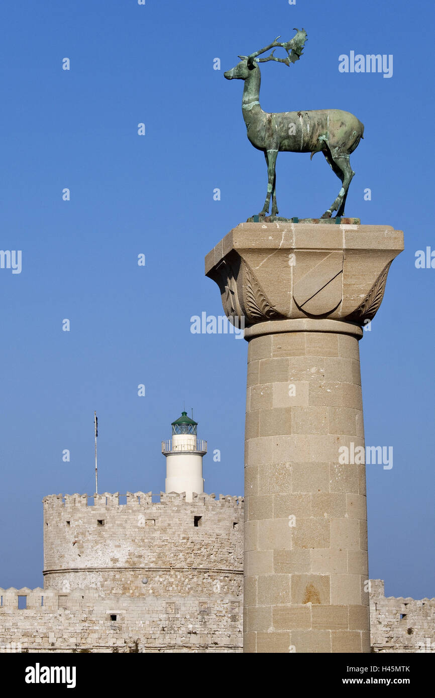 Europe, Southern, Europe, Greece, island Rhodes, north part, Rhodes town, Mandraki harbour, landmark deer, Stock Photo
