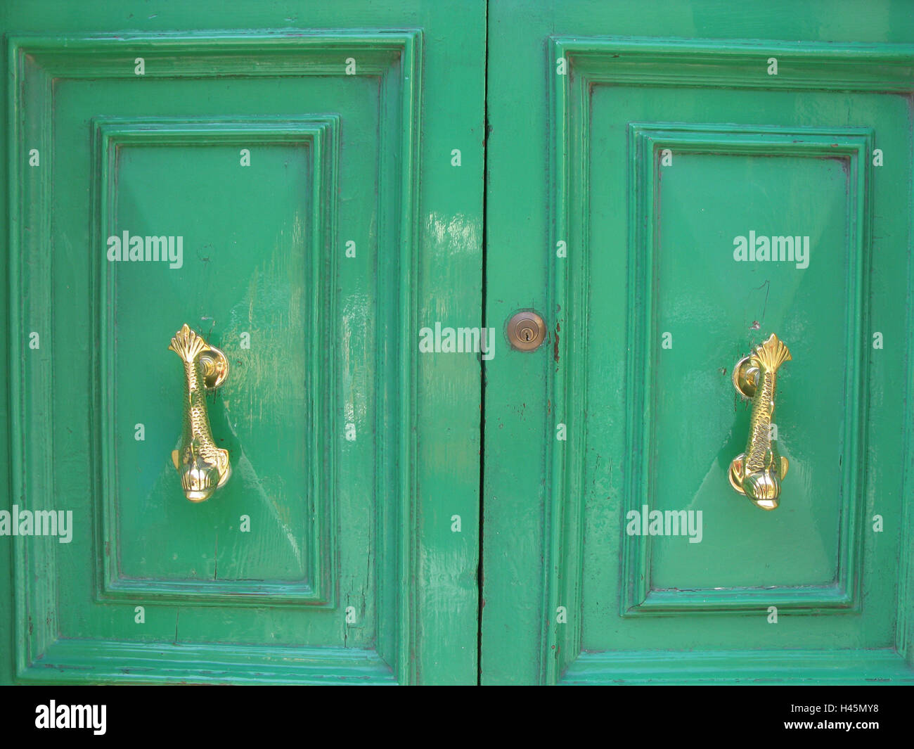 Front door, green, detail, grips, fish form, Malta, Valletta, front