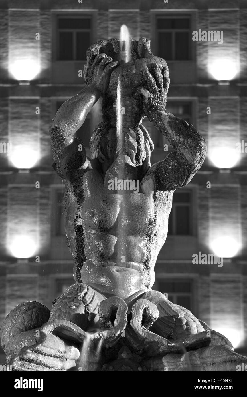 Italy, Rome, fountain, Fontana del Tritone, fountain figure, sea God, detail, lighting, night, s/w, Stock Photo