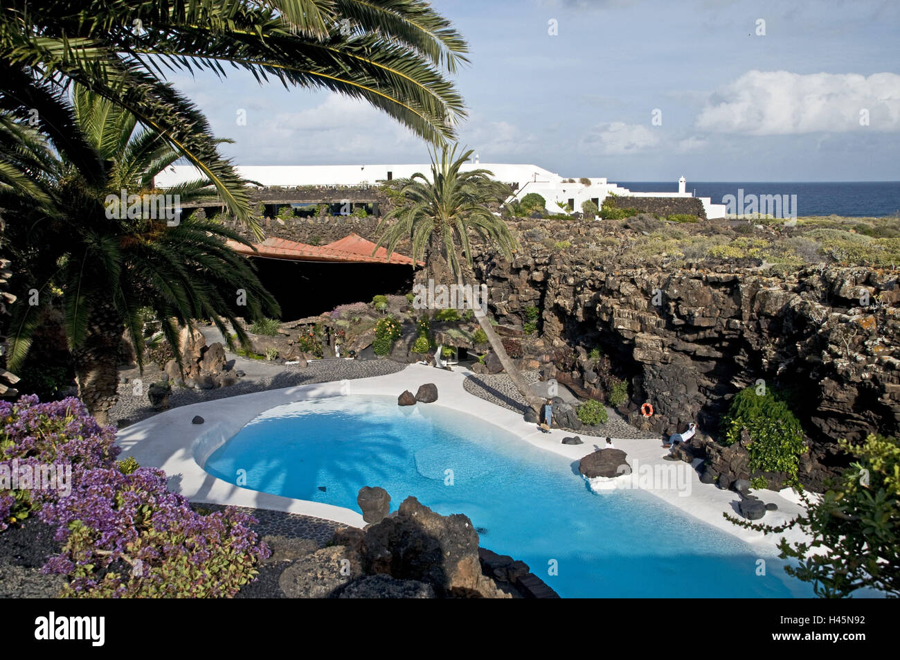 Canary, islands, Lanzarote, grotto Jameos del Agua, swimming pool, lava rock, palm, Stock Photo