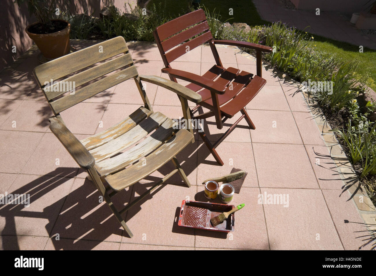 Terrace, garden chairs, colour pots, glide, Stock Photo