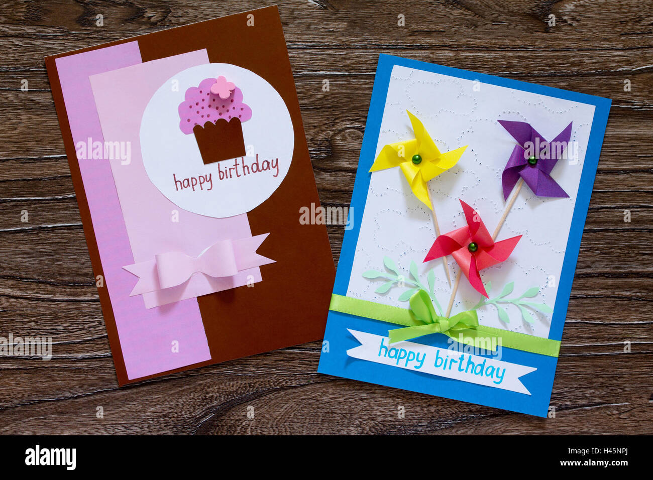 Assortment of a variety greetings card handmade birthday on a wooden table, the inscription is that on his birthday. Children's Stock Photo