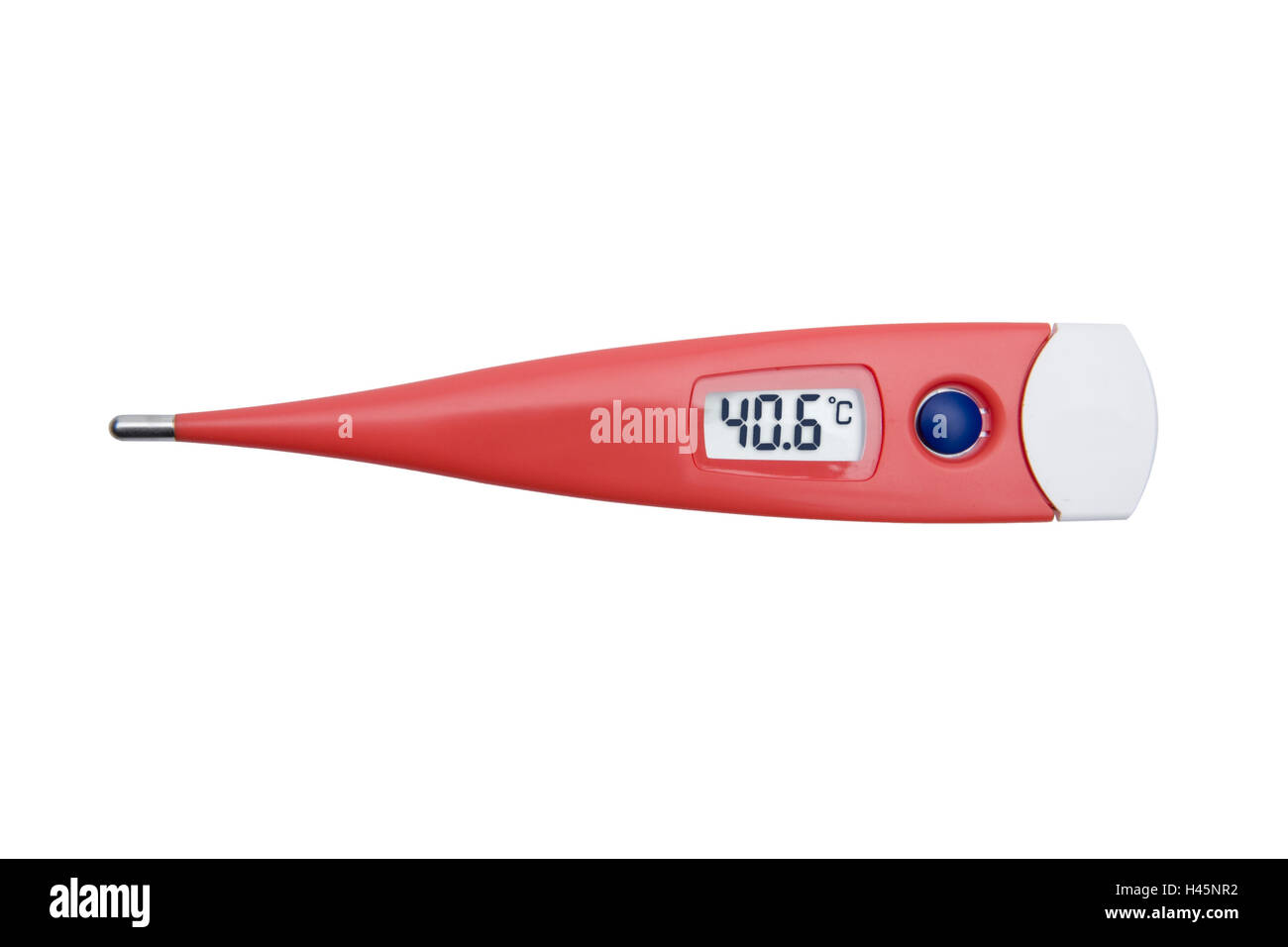 Clinical thermometer, red, digital display 40.6 degrees, Stock Photo