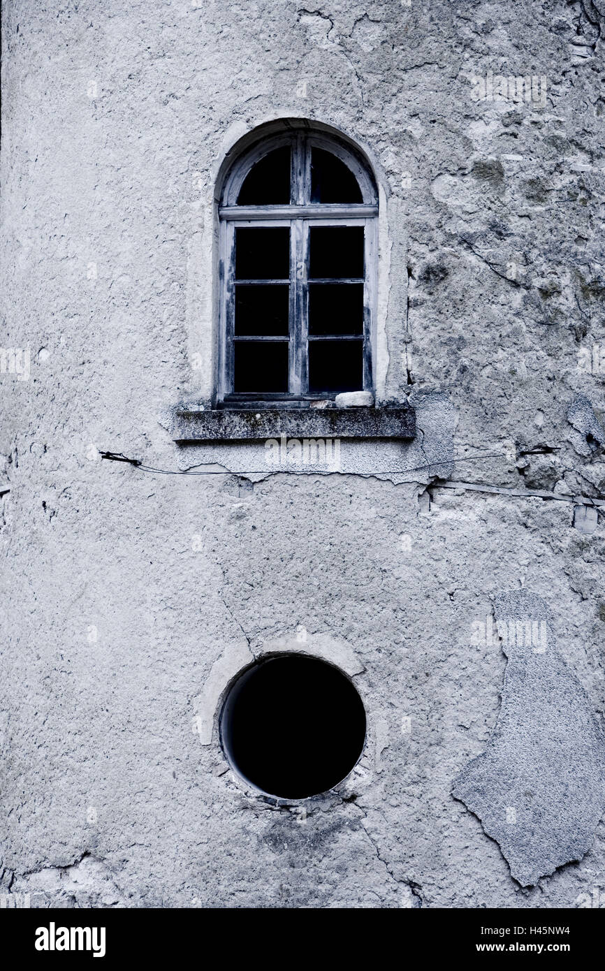 Wall, old, weather-beaten, round arch window, Stock Photo