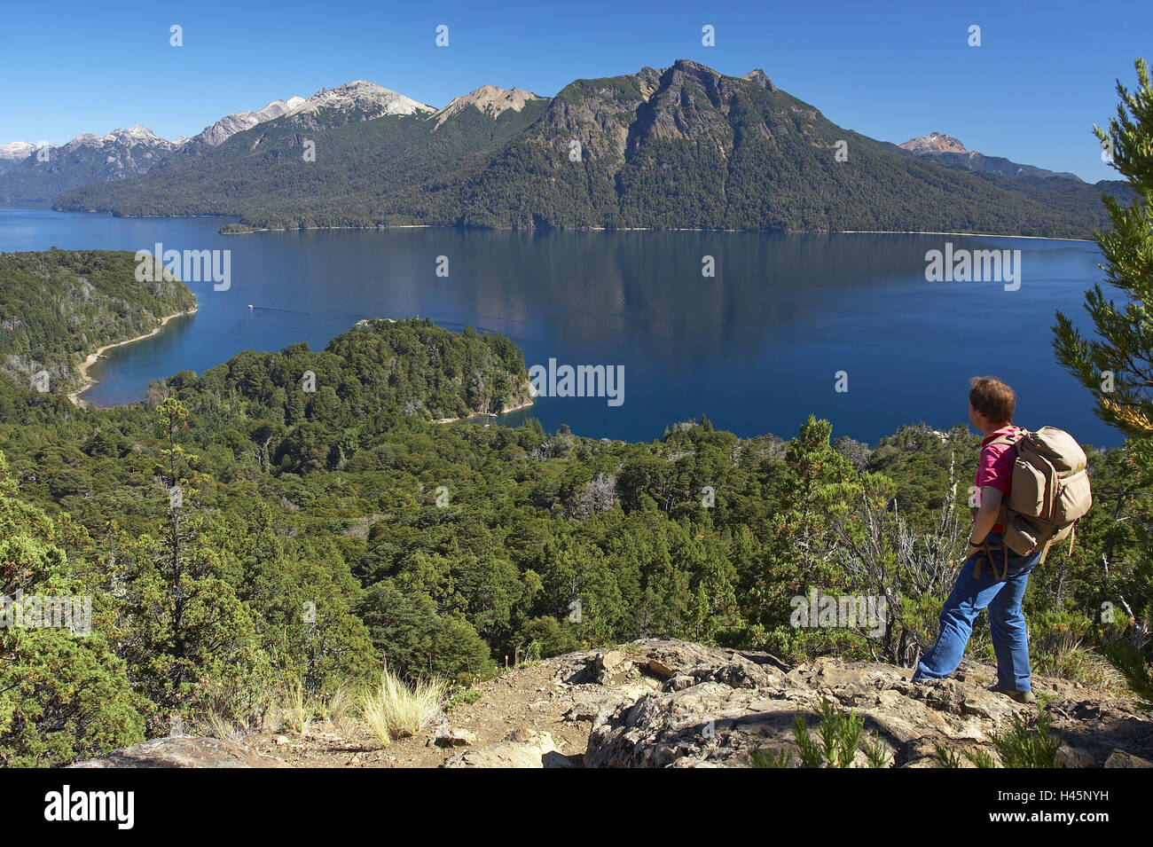 Argentina, Patagonia, Llao-Llao, lookout, tourist, backpack, view, fjords, lake Nahuel Hupai, Stock Photo