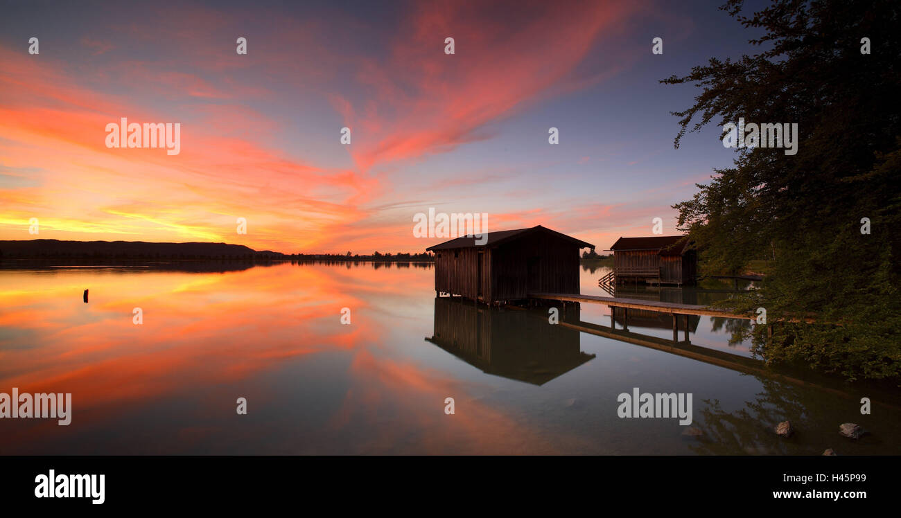 Germany, Bavaria, Kochelsee, boathouses, afterglow, Stock Photo