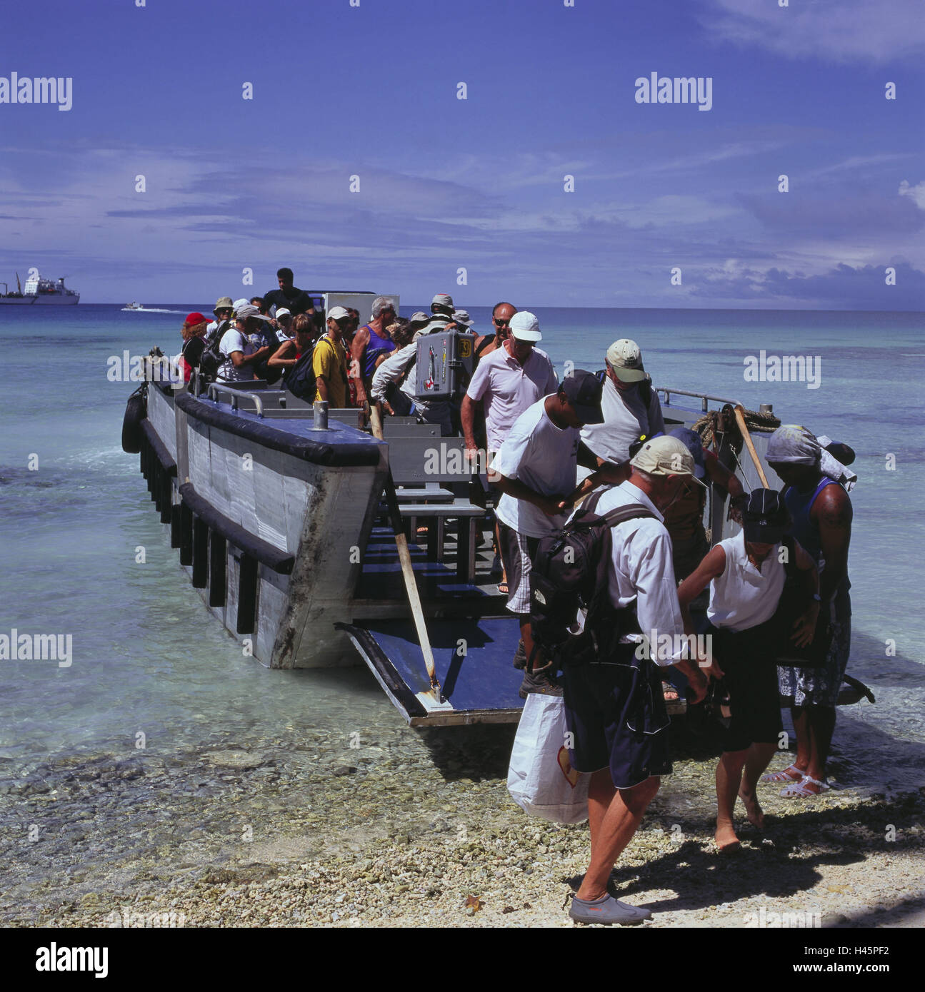 French Polynesia, Rangiroa, sea, tourist boat, the Pacific, coast, beach, ship, boat, person, tourist, boat tour, destination, tourism, vacation, Stock Photo