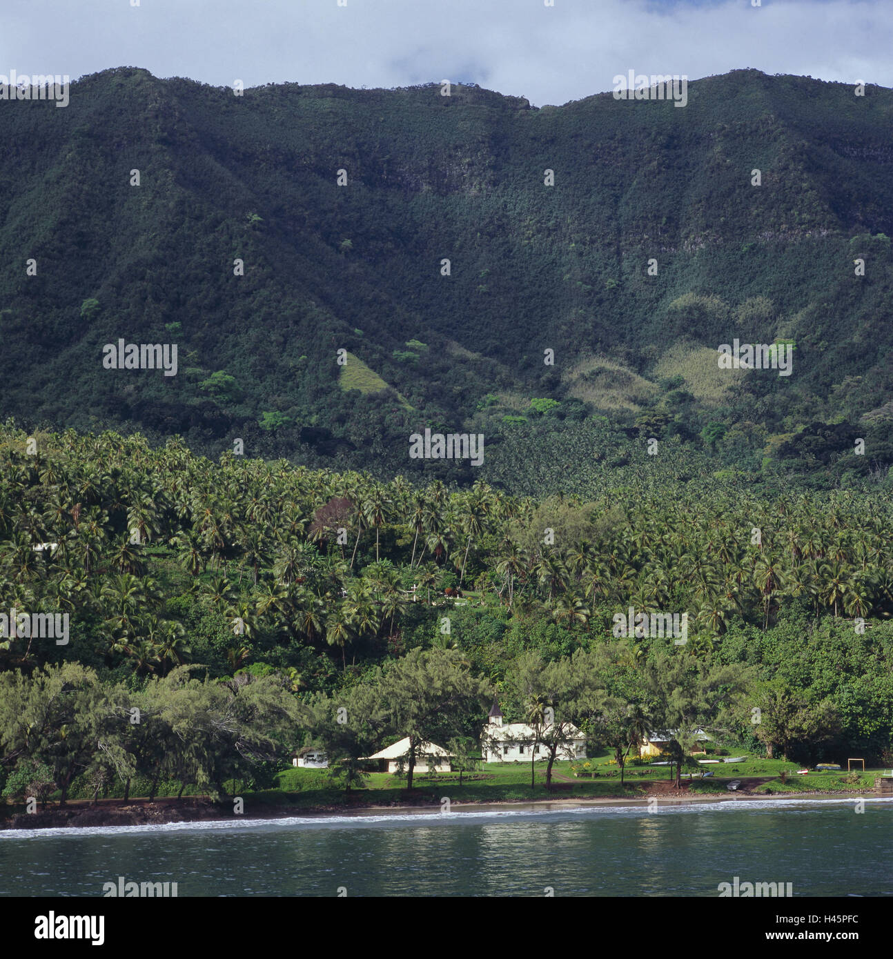 French Polynesia, Hiva Oa, Puamau, palm beach, houses, the Pacific, island, coastal region, mountains, nature, destination, tourism, coast, hut, buildings, Stock Photo