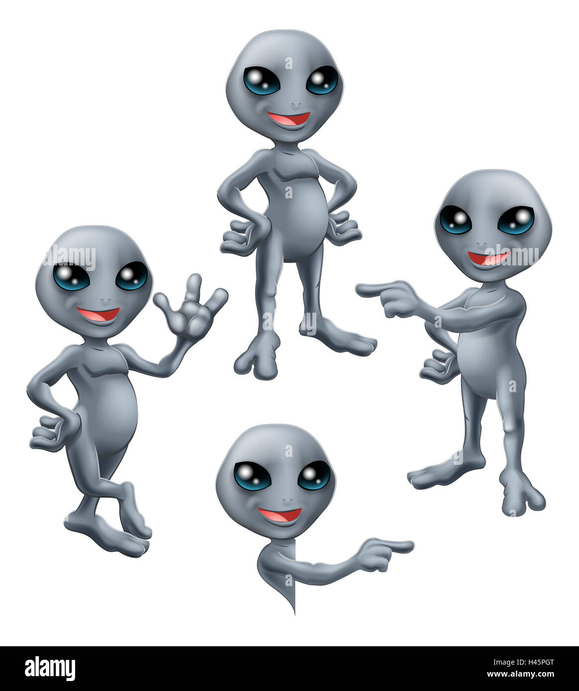 A cute cartoon grey alien Martian character in various poses Stock Photo