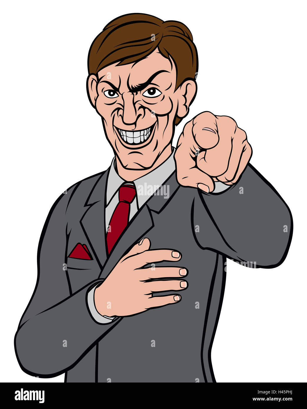 Cartoon evil looking business man in a suit and tie pointing his finger in a wants you gesture Stock Photo