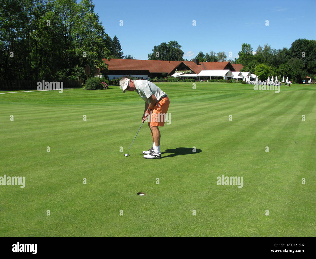 Golf course, senior, ball, put in clink, model released, people, man,  senior citizens, leisure time, hobby, sport, sport, golf, hole, turf,  sunny, outside, whole body, golf club, racquet, Golf ball, concentration,  building,