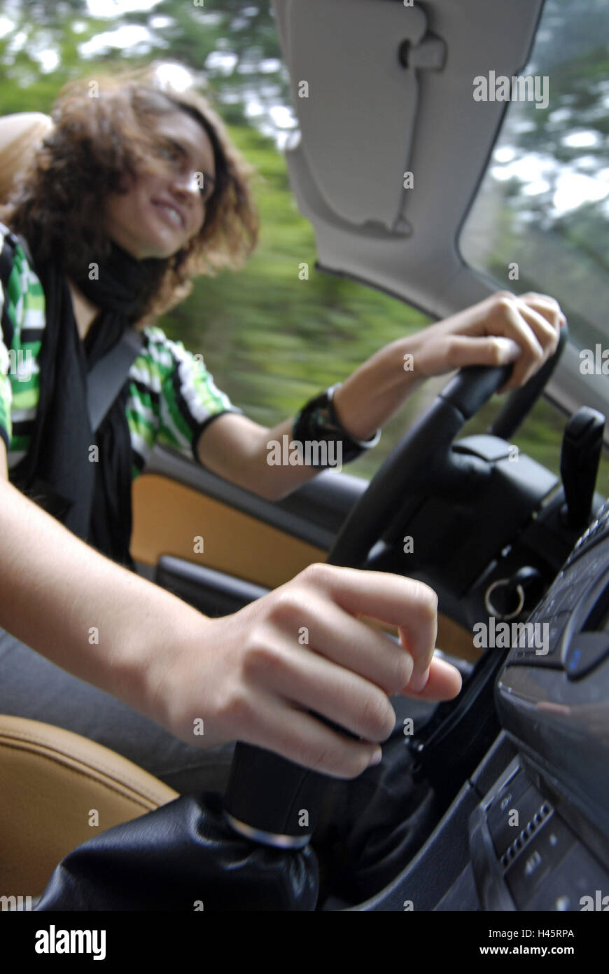 Woman, young, cabriolet, speed-shift Stock Photo - Alamy