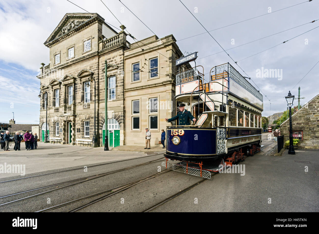 Derby Assembly Rooms & London United Electric Tramways tram 159 at Crich Tramway Village  Crich Matlock Derbyshire England Stock Photo