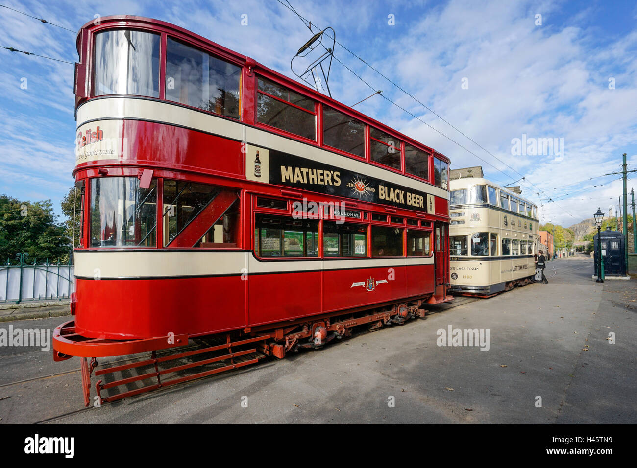 Trams at Town End Terminus at Crich Tramway Village  Crich Matlock Derbyshire England Stock Photo