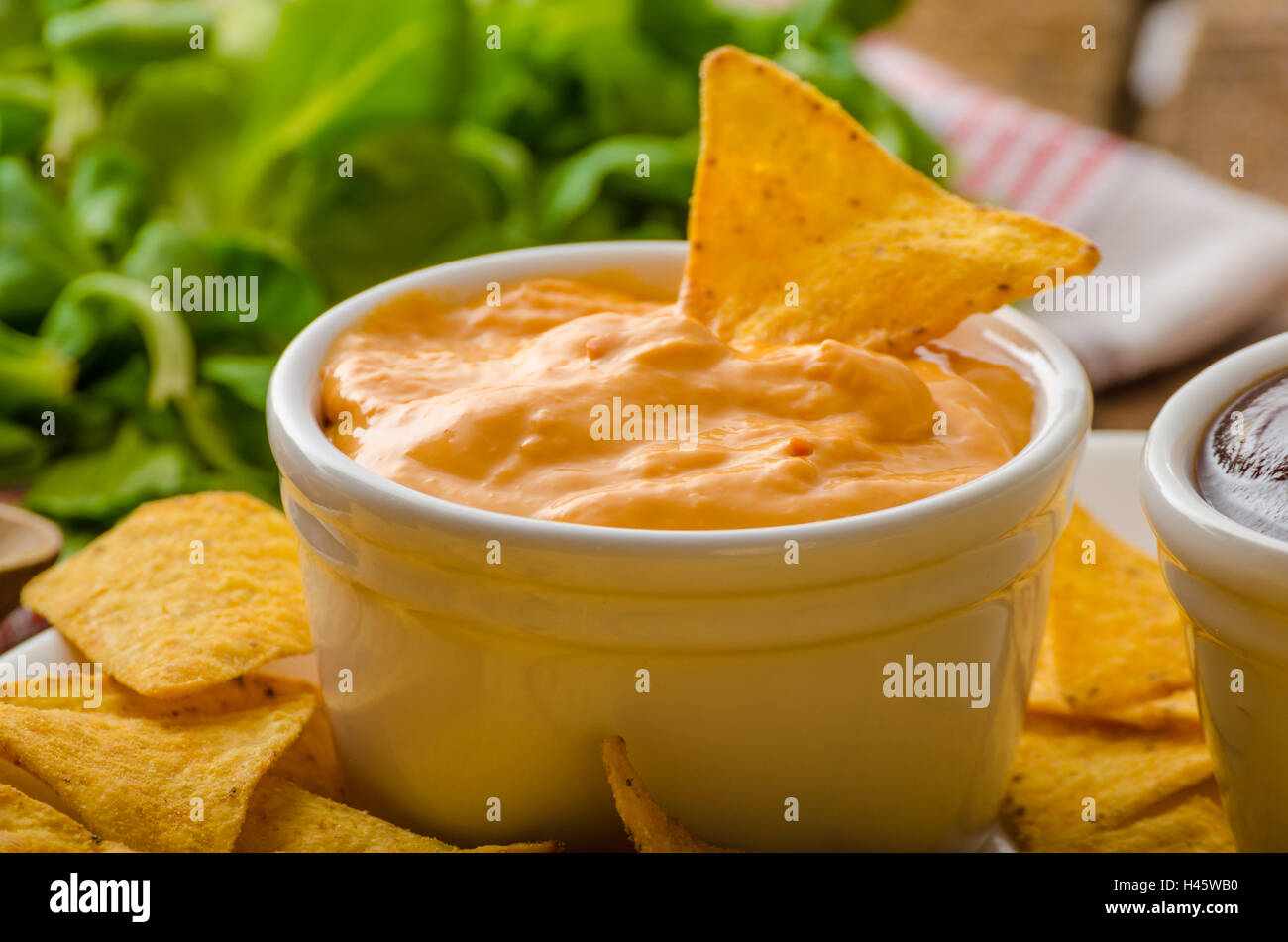 Tortilla chips with cheese dip and barbecue, czech beer Stock Photo Alamy