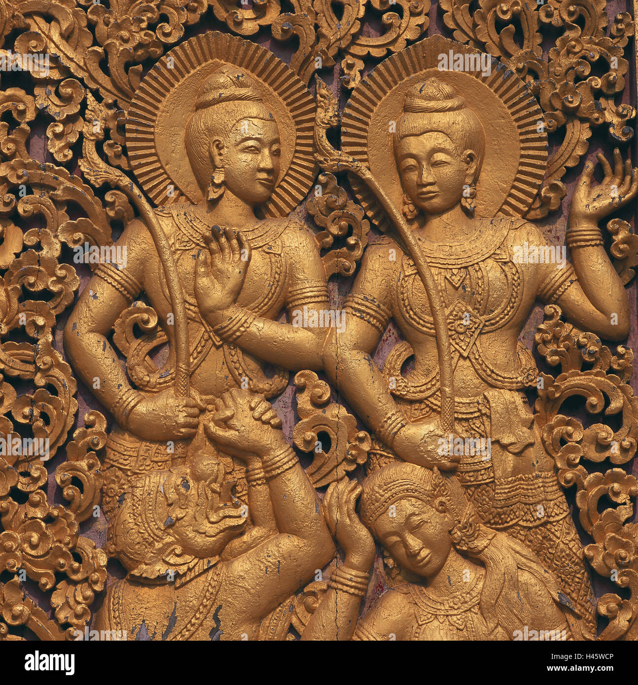 Laos, Luang Prabang, Wat Xieng Thong, hall Hong Kep Mien, relief, detail, Asia, South-East Asia, destination, place of interest, culture, UNESCO-world cultural heritage, structure, architecture, building, faith, religion, Buddhism, cloister, cloister building, outside, gold, golden, gilds, golden relief, Buddhist, Stock Photo