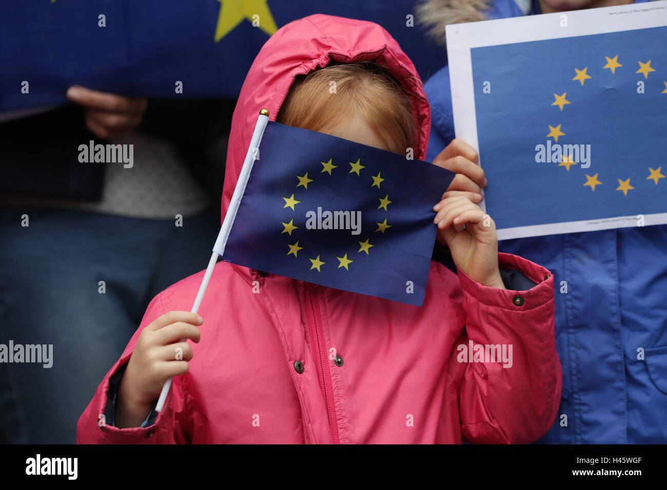 A child hides her face with an EU flag outside the High Court in London where Gina Miller is leading a legal challenge over Theresa May&Otilde;s right to trigger article 50 without a vote in Parliament. Stock Photo