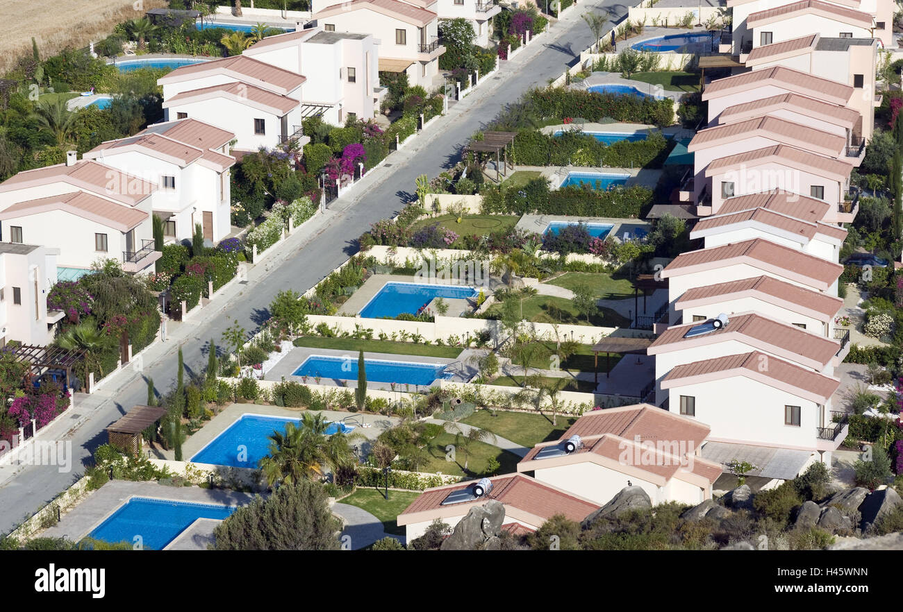 Cyprus, Pissouri, settlement, summer cottages, pools, street, overview, Stock Photo