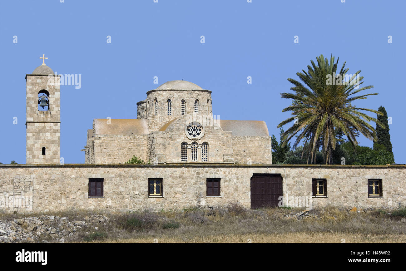Cyprus, cloister piece Barnabas, church, palm, defensive wall, Stock Photo