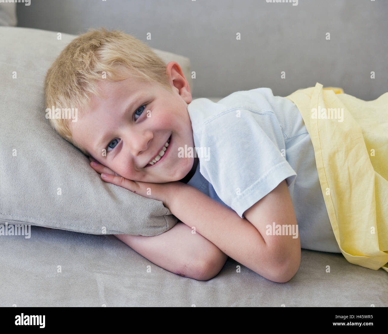 Sofa, boy, rest, smile, lie, portrait, Stock Photo