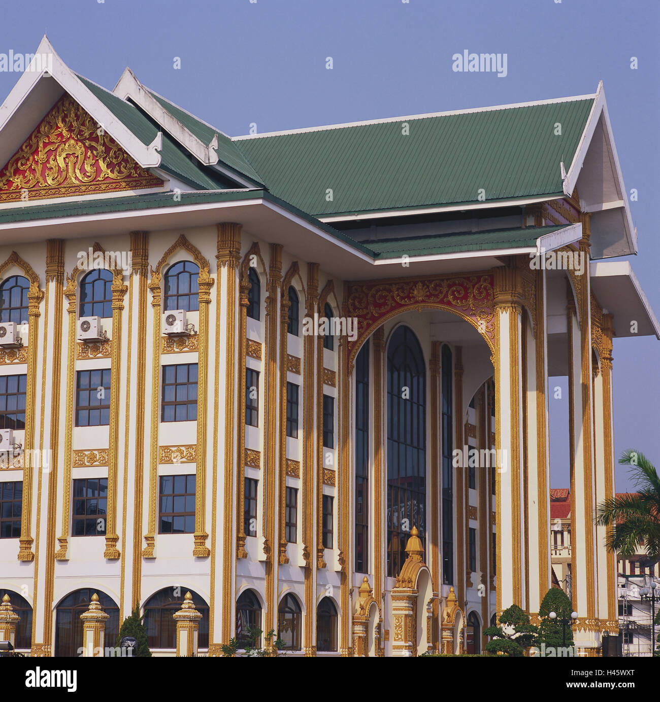 Laos, Vientiane, Lao National Culture Hall, Asia, South-East Asia, town, capital, destination, place of interest, culture, building, structure, architecture, facade, architectural style, typically, typically for country, Stock Photo