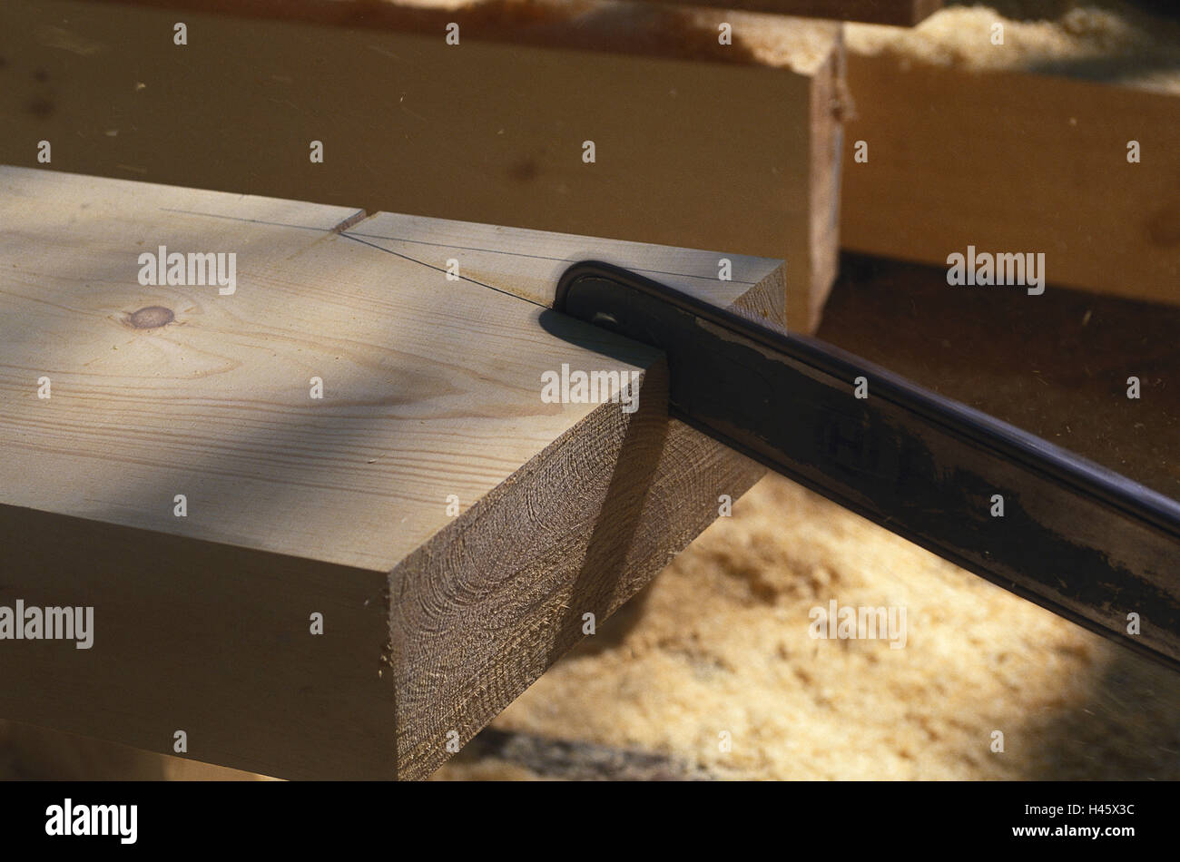 wooden beams, chain saw, saw, detail, men at work, build, wooden, beam, pine, craft, do wooden, Stock Photo