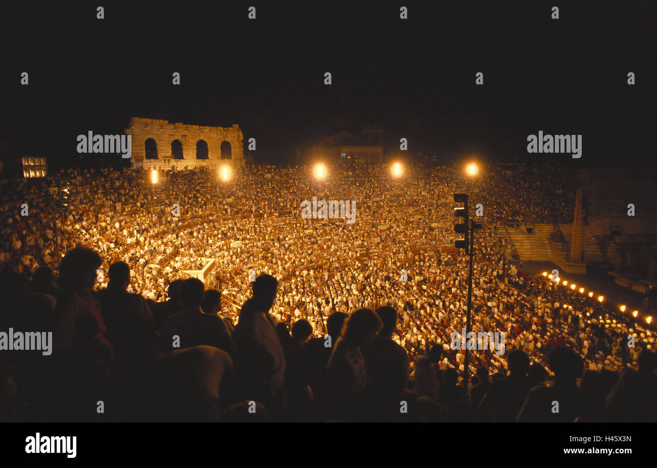 Italy, Verona, arena, event, evening, Northern Italy, amphitheatre, audience, visitor, performance, Aida, opera, person, mass, outside, film set, Stock Photo