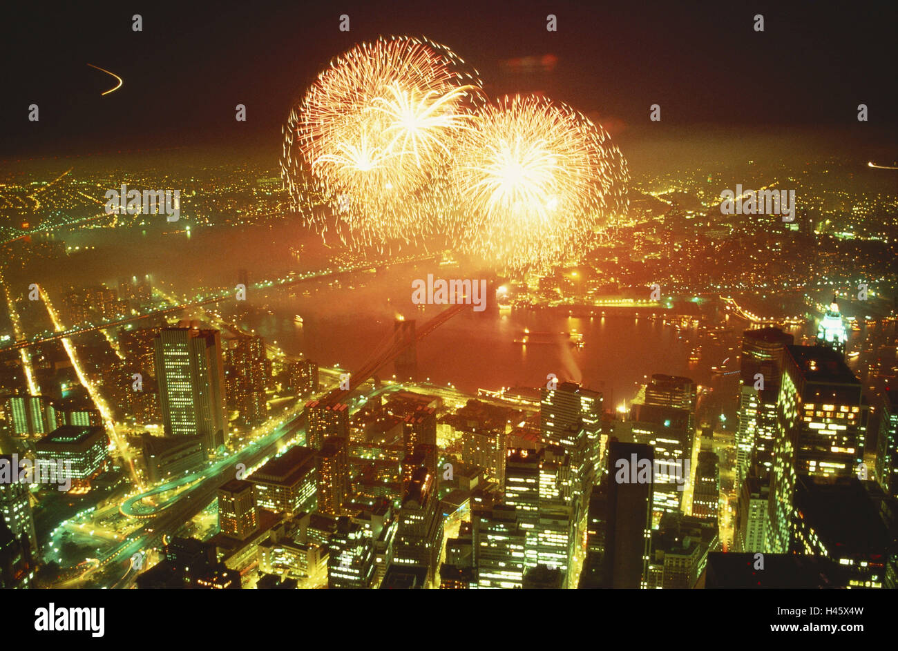 USA, New York city, town view, night, fireworks, Manhattan, Brooklyn, parts of town, illuminated, high rises, skyscrapers, suspension bridge, deserted, outside, view, view, Stock Photo