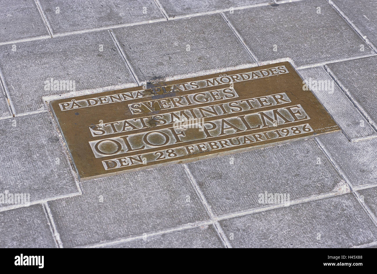 Sweden, Stockholm, commemorative table, Olof Palme, site crime, attempt, paving-stones, detail, paved, Stock Photo