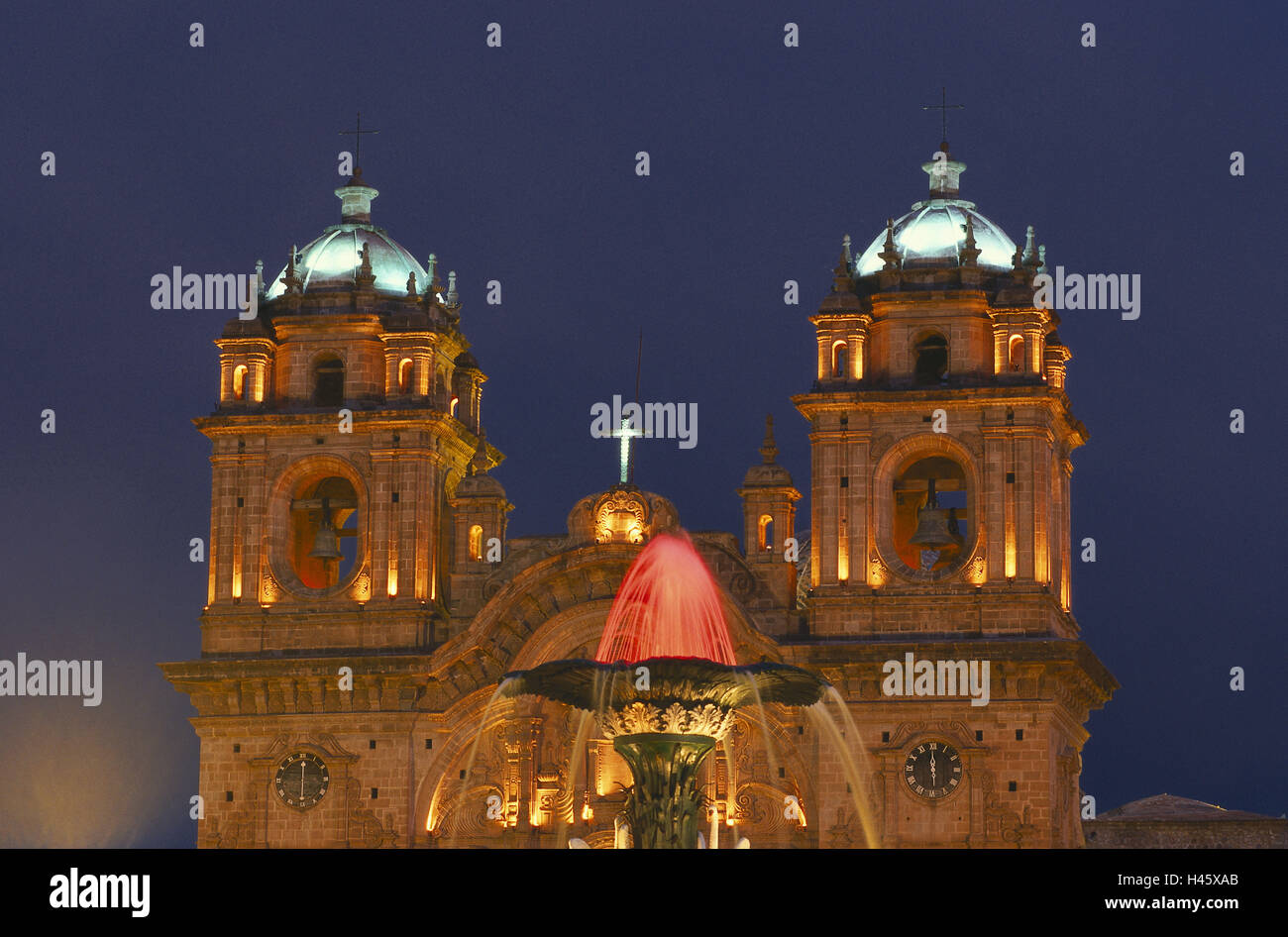 Peru, Cuzco, La Compania, evening, illuminateds, church, sacred construction, church, religion, architecture, faith, steeples, cross, Jesuit's church, towers, fountains, jet, well, Stock Photo