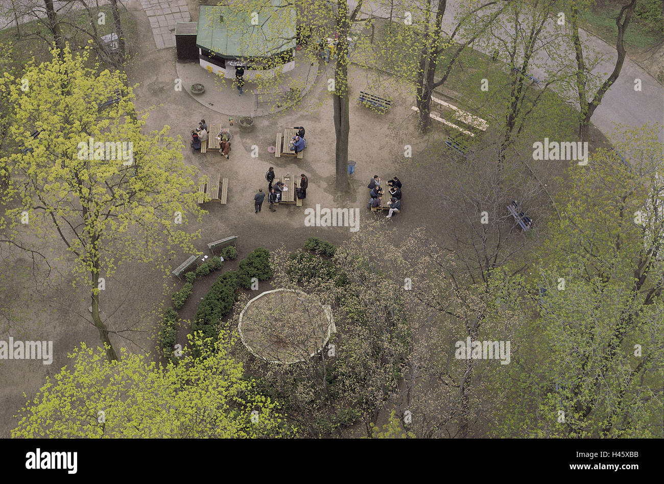 The USA, New York city, Manhattan, Washington Square park, park, perspective, trees, plants, people, outside, park, park-benches, seat opportunities, Stock Photo