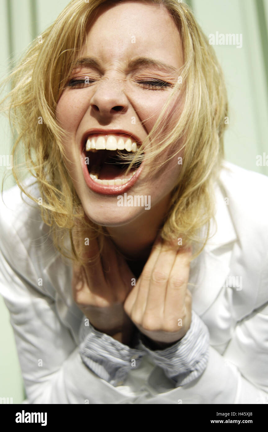Woman, young, blond, furiously, shout, portrait, cropped, Stock Photo