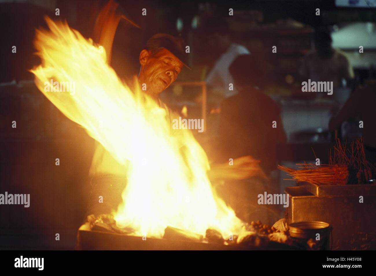 Singapore, cook, fire, Satay, cuisine, grill, person, inside, meat