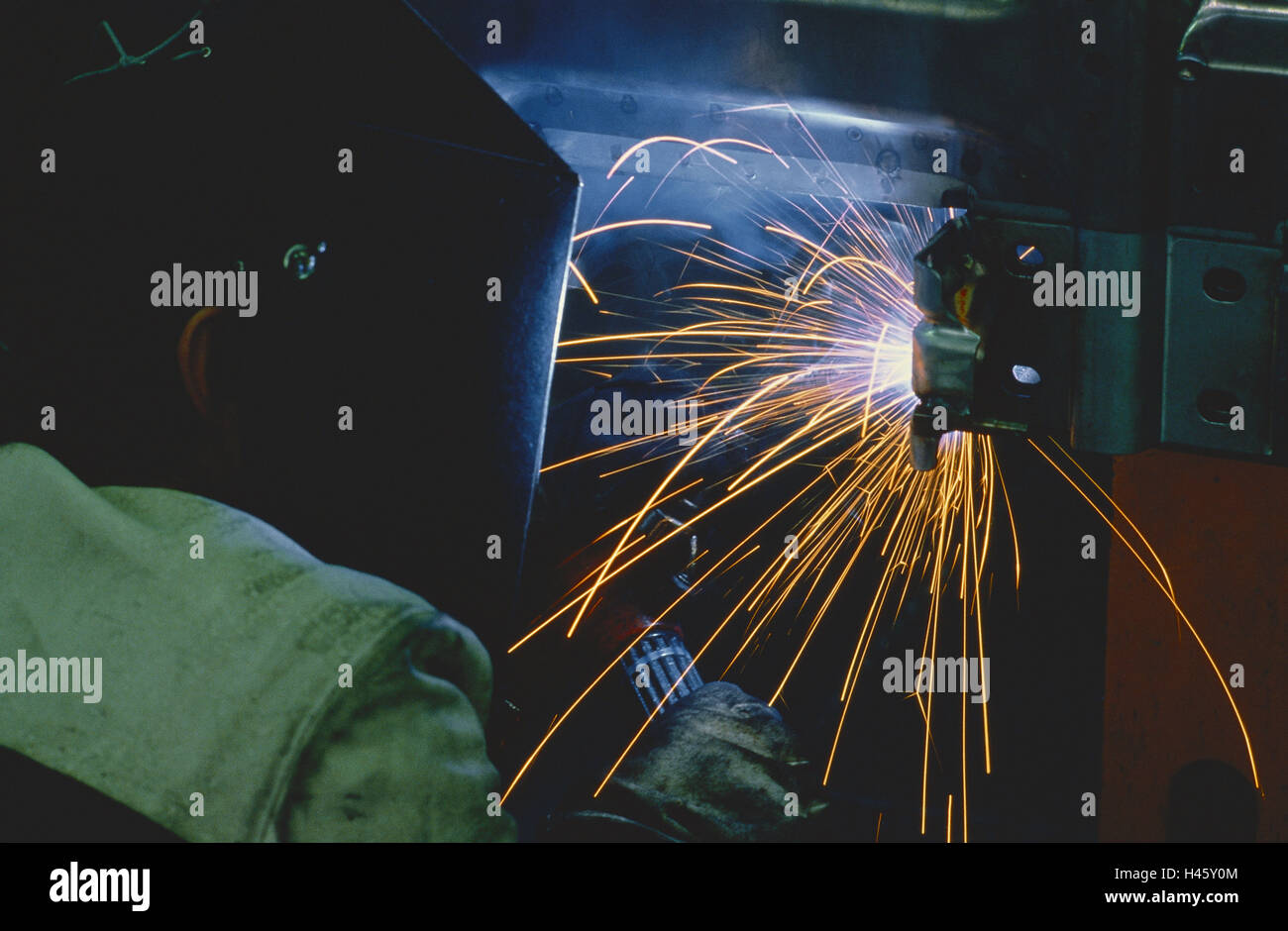 Factory, worker, weld, Germany, welding works, safety helmet, hard hat