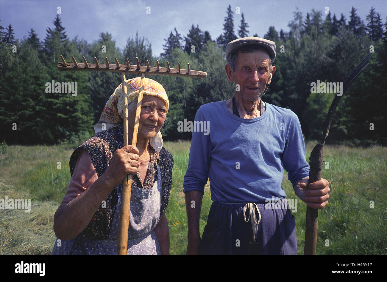 Czech Republic, Dobra Voda, pawn, woman, man, agriculture, rurally, headscarf, headgear, rake, rake, tools, hayfork, smile, Stock Photo