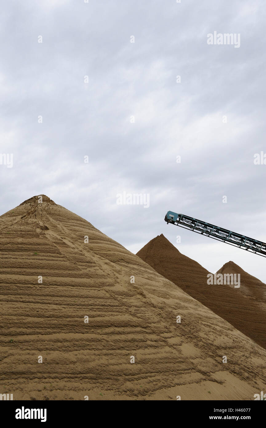 Sand hill, heaven, cloudies, Sand heaps, Sand mountains, Sand, hill, heap, side by side, river sand, Grabsand, economy, building industry, Baggersand, conveyor belt, transports, piled up, colours, passed away, nobody, Stock Photo