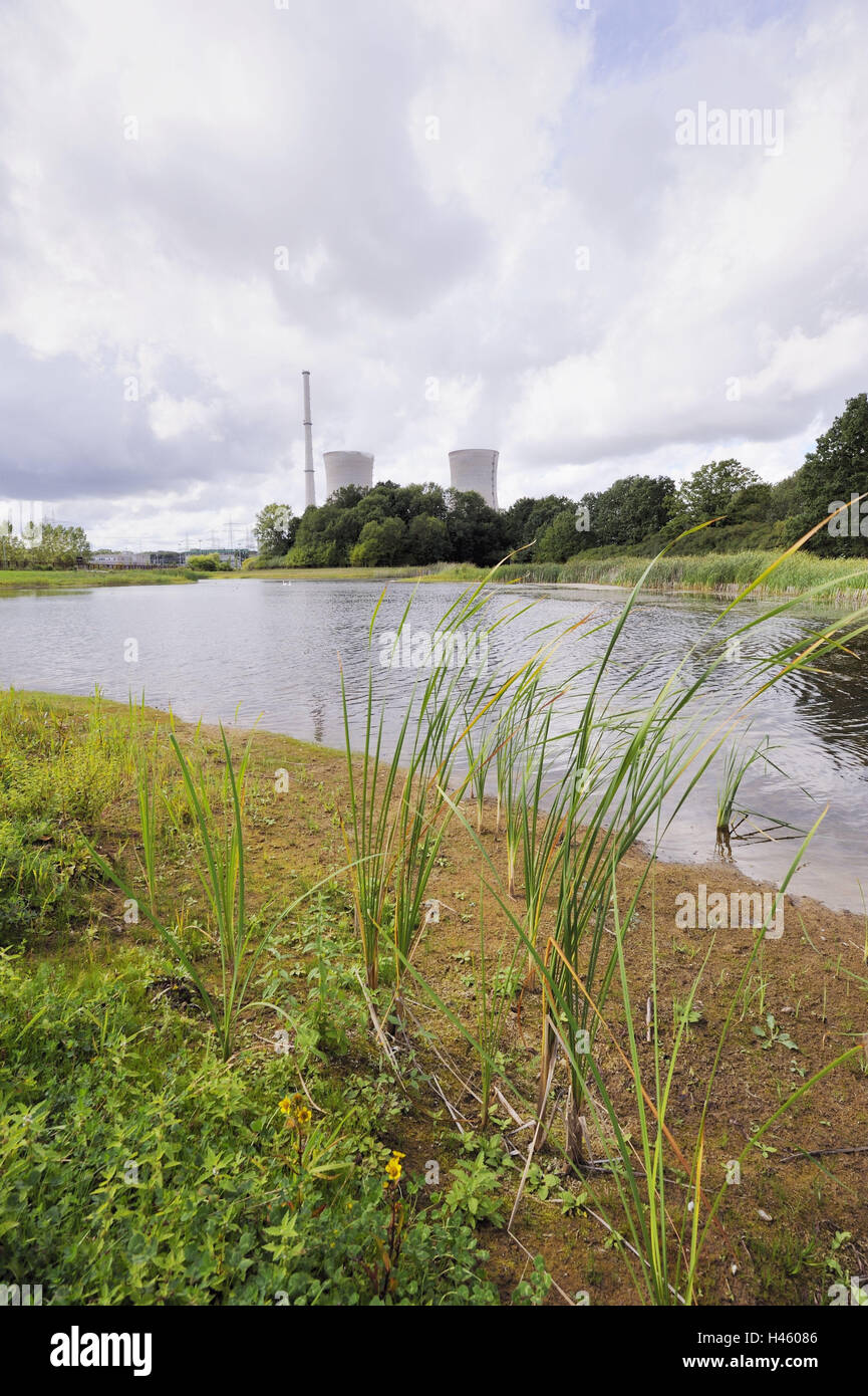 Germany, Bavaria, nuclear power plant, field Grafenrhein, cooling towers, smoke, lake, Lower Franconia, field Grafenrhein, atomic power station, nuclear energy, issue, energy, energy production, danger, KKW, power station, current, current production, risk, environmental pollution, icon, steam, vapour, economy, industry, shore, waters, rushes, cat's tail, cloudy sky, Stock Photo