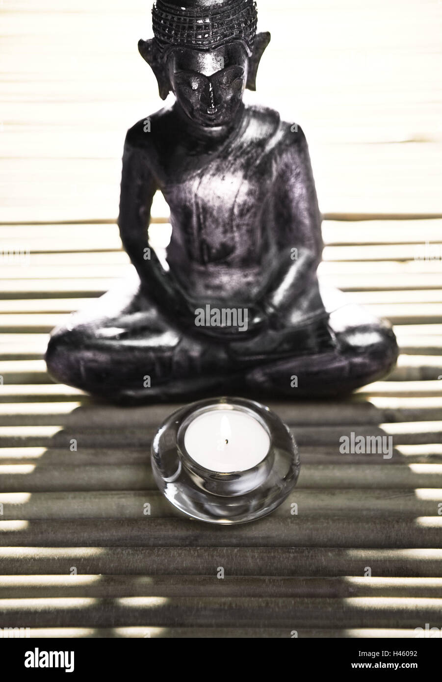 Buddha's figure, tea warmer candle, evening mood, back light, Asian, Buddha, sit, recreation, candle, candle light, candle-light, shade, Stock Photo