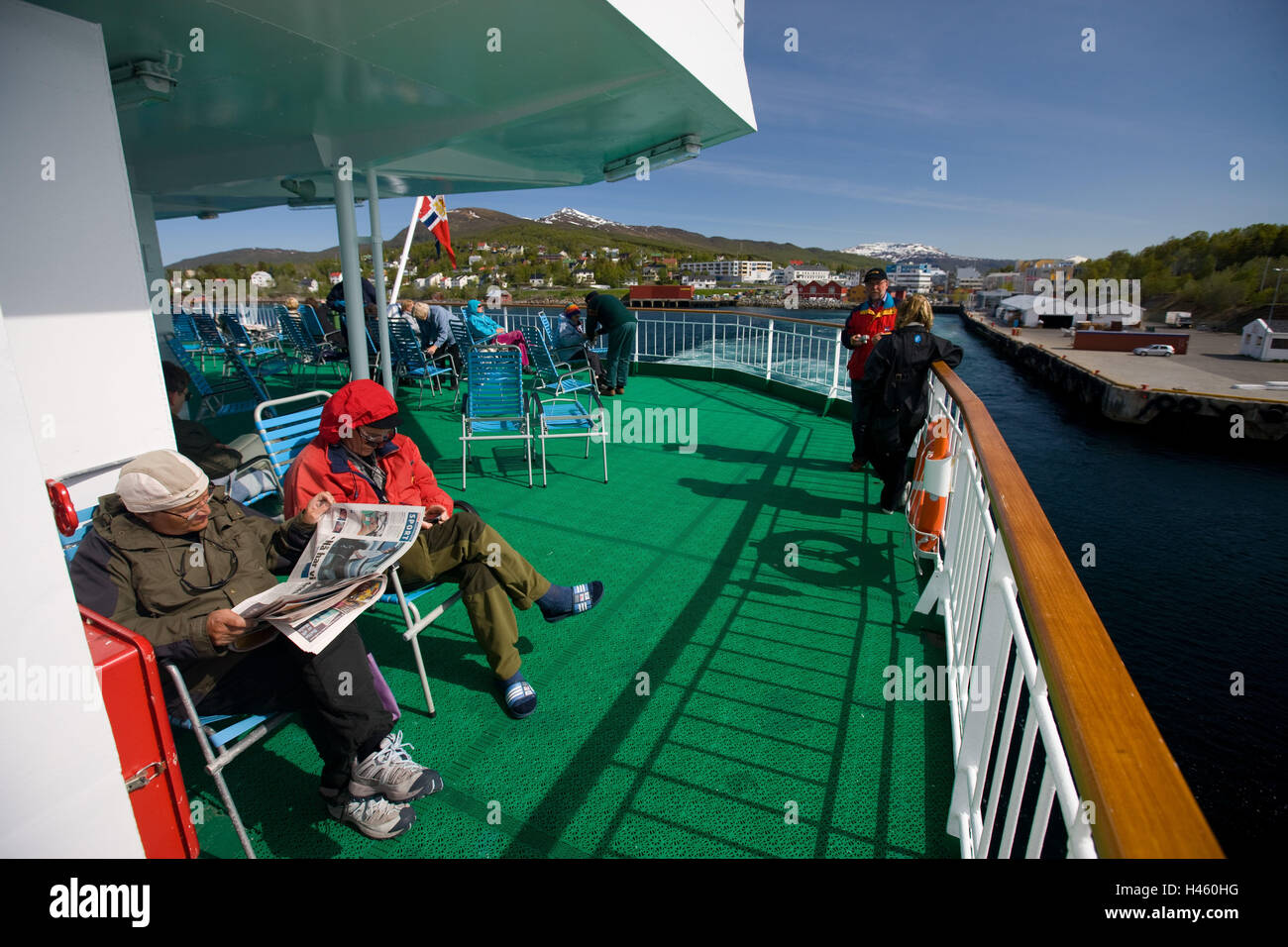 Norway, swift rods, 'MS Kong Harald', promenade deck, Stock Photo