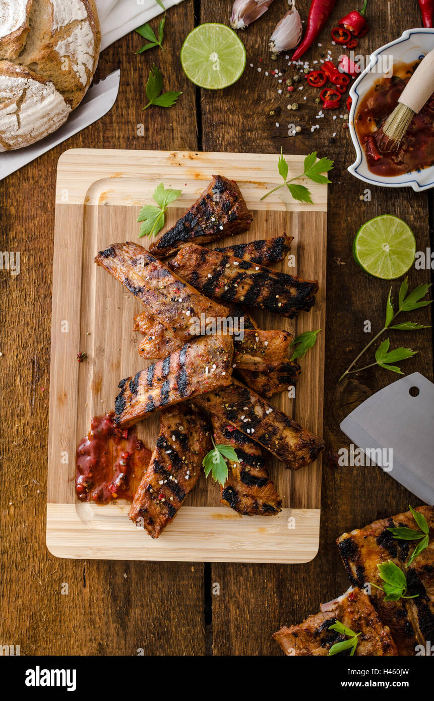 Ribs in spicy marinade with chilli, honey and beer. homemade rustic ...