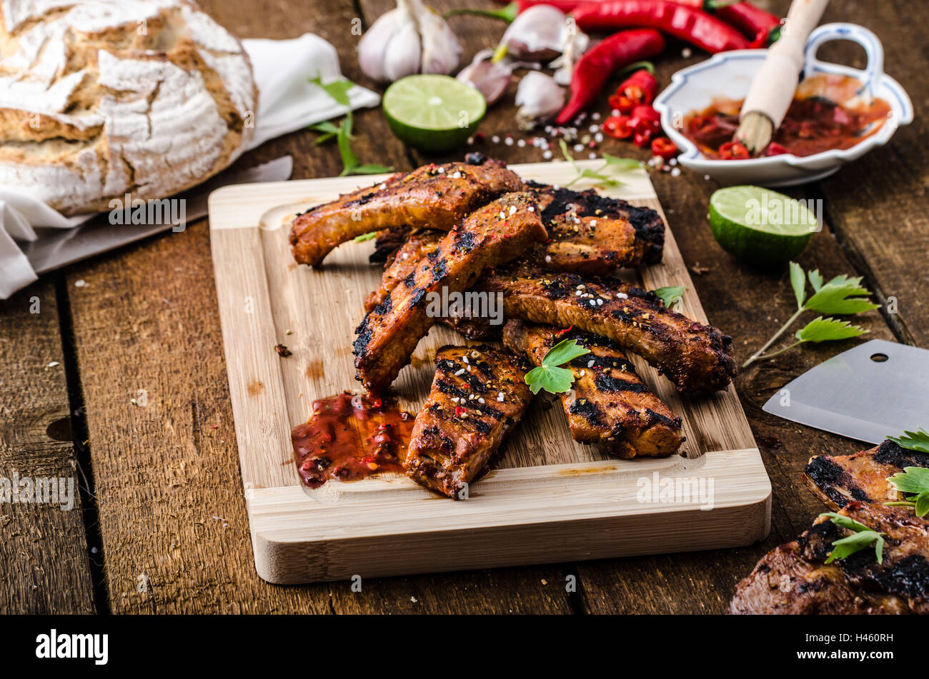 Ribs in spicy marinade with chilli, honey and beer. homemade rustic ...